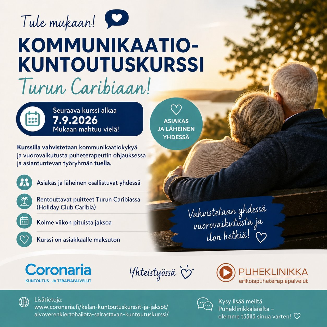 Tule mukaan! Kommunikaatiokuntoutuskurssi Turun Caribiaan! Seuraava kurssi alkaa 7.9.2026. Mukaan mahtuu vielä! Coronaria ja Puheklinikka yhteistyössä.