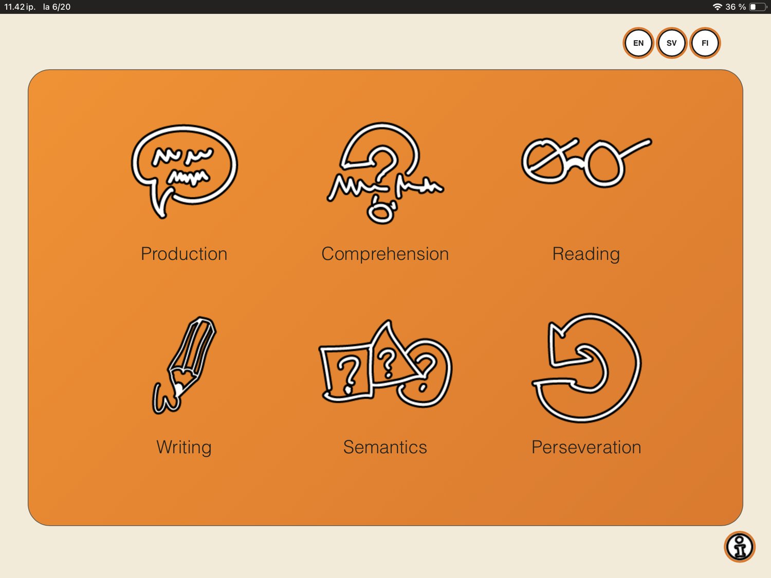 Sanapsis-sovelluksen uusi ilme: Production, Comprehension, Reading, Writing, Semantics, Perseveration